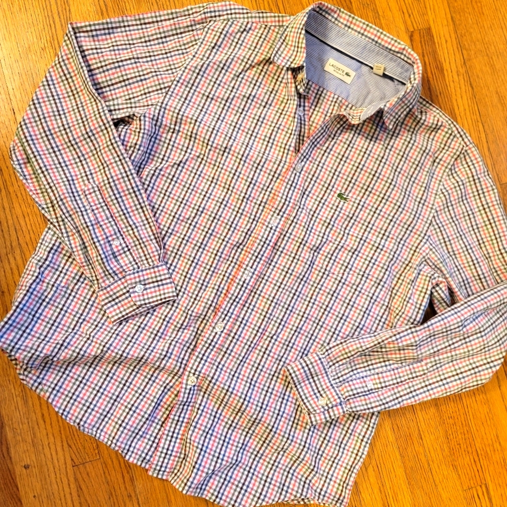 Lacoste Men's Large long sleeve button down Regular Fit  plaid red blue white 42
